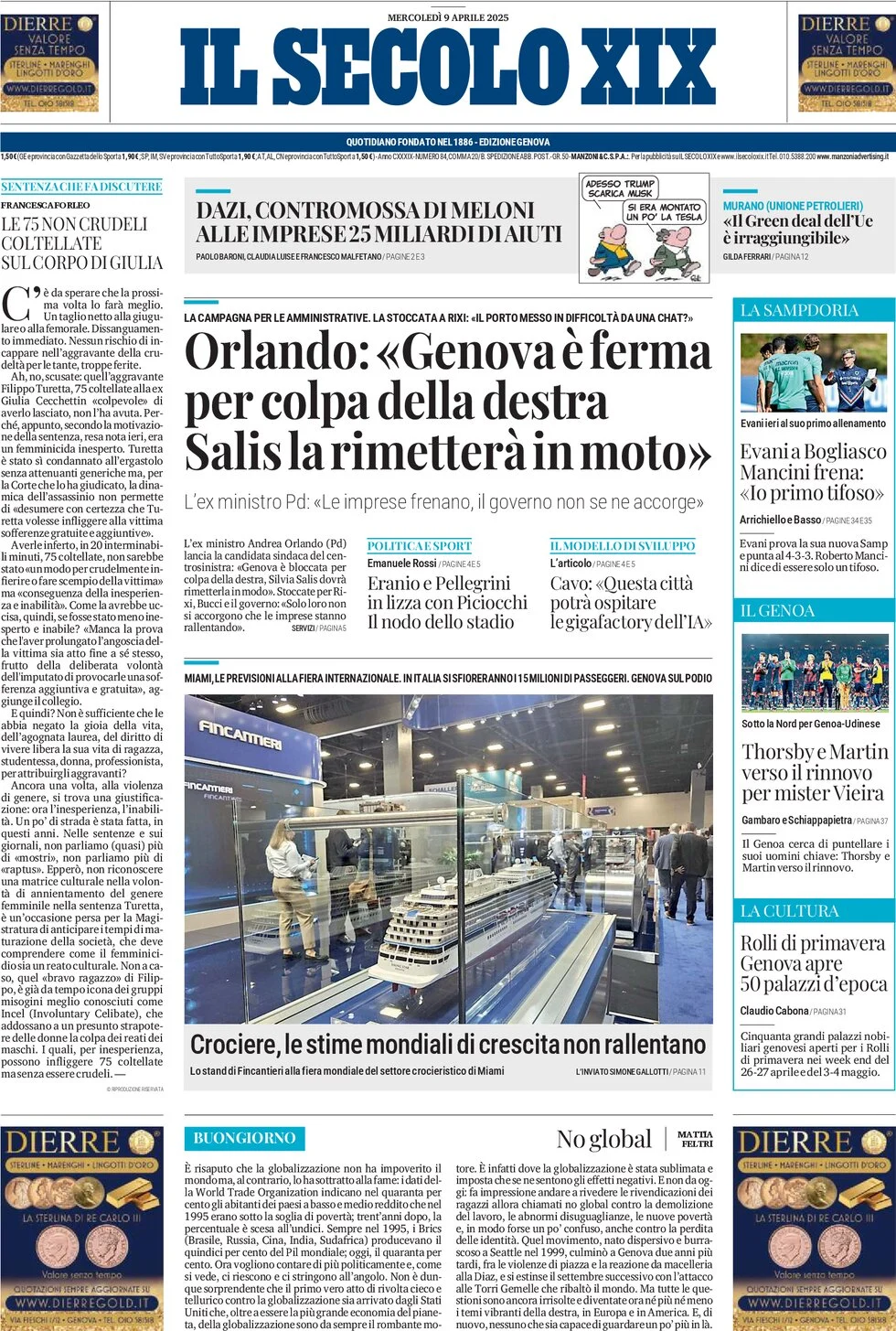 anteprima della prima pagina di il-secolo-xix del 09/04/2025