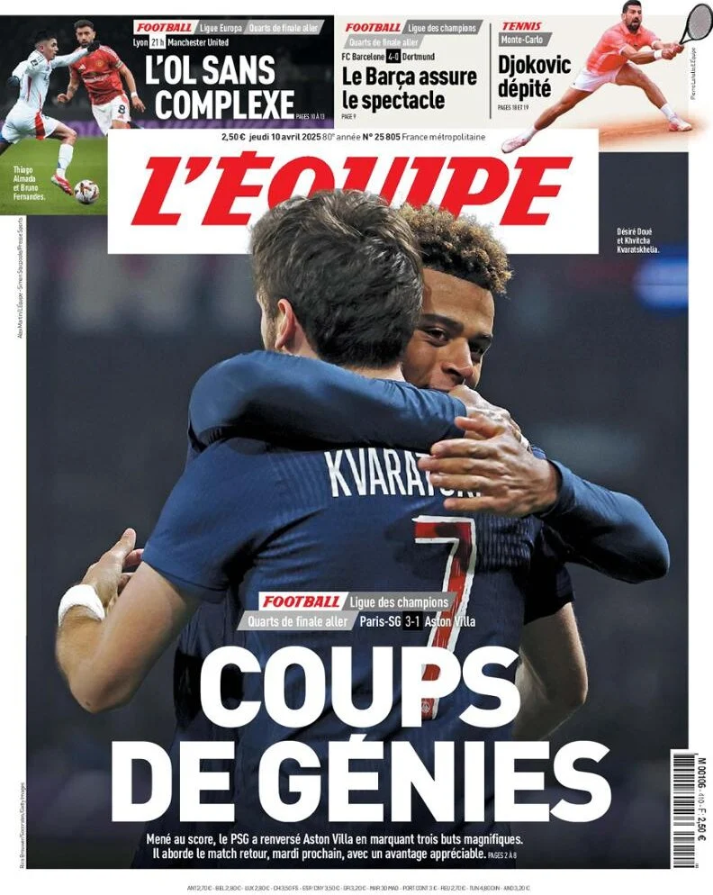 anteprima della prima pagina di lequipe del 10/04/2025