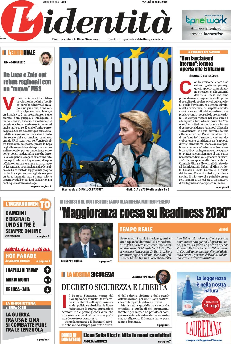 anteprima della prima pagina di lidentit del 11/04/2025