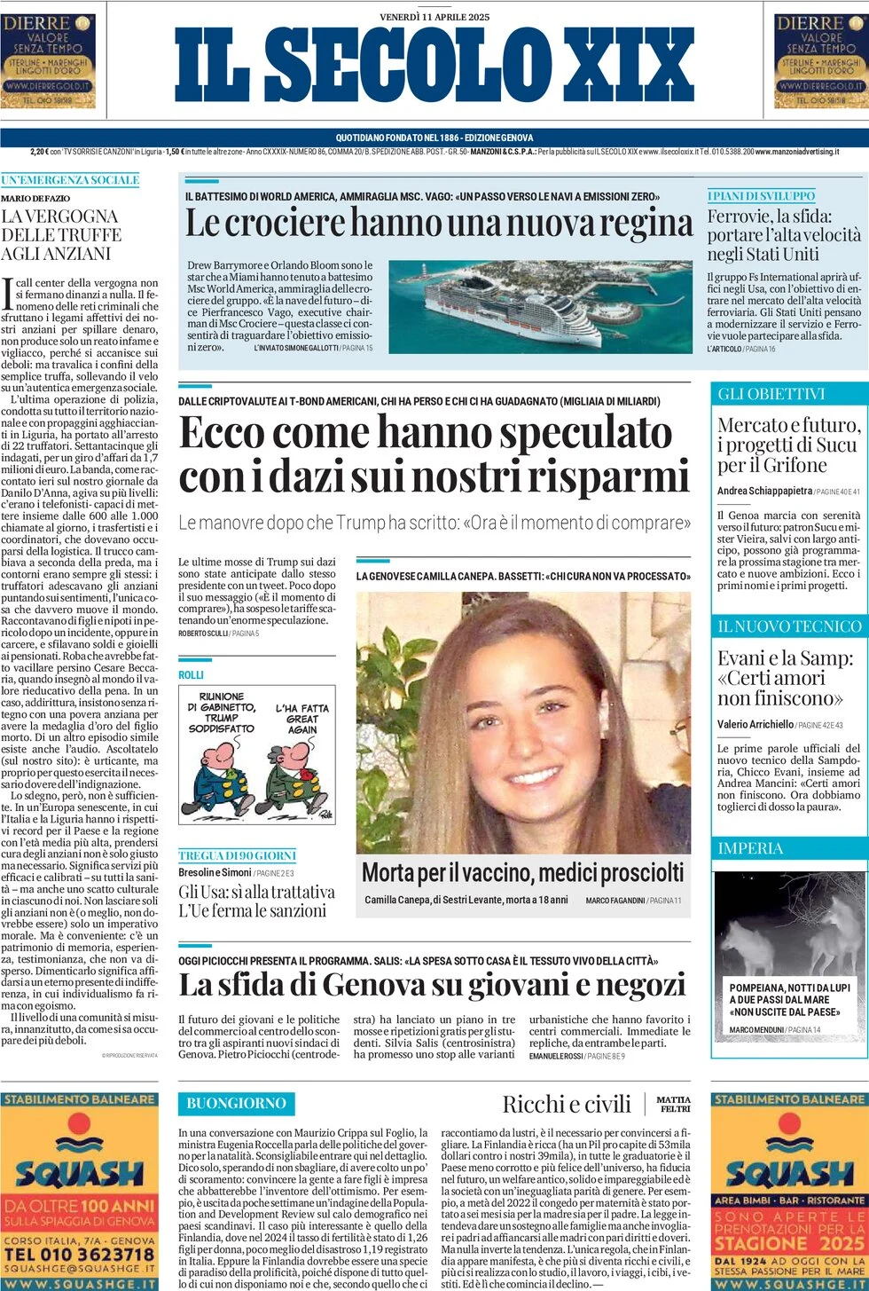 anteprima della prima pagina di il-secolo-xix del 11/04/2025