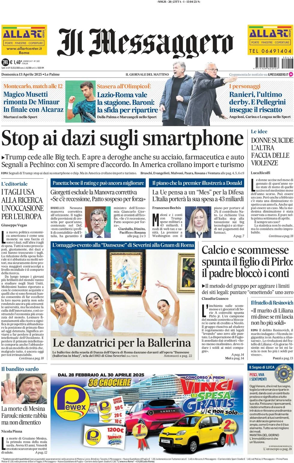 anteprima della prima pagina di il-messaggero del 13/04/2025