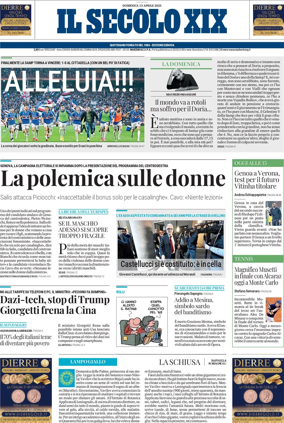 anteprima della prima pagina di il-secolo-xix del 13/04/2025