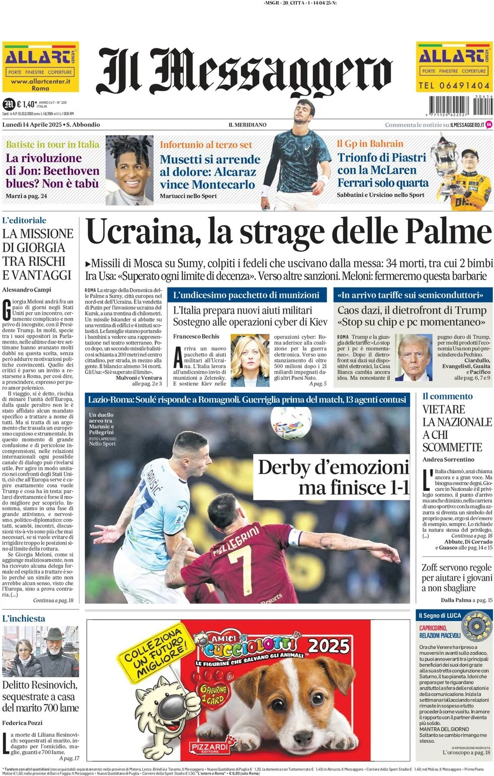 anteprima della prima pagina di il-messaggero del 14/04/2025