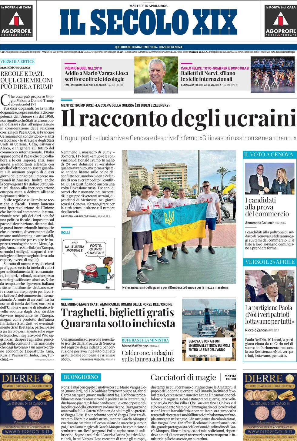 anteprima della prima pagina di il-secolo-xix del 15/04/2025