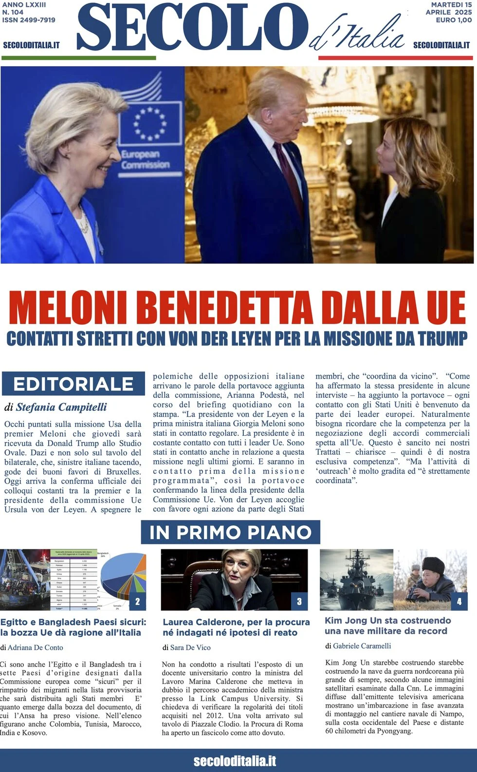 anteprima della prima pagina di secolo-ditalia del 15/04/2025