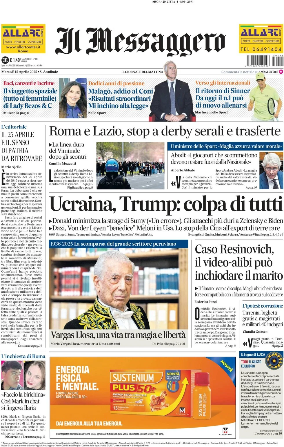 anteprima della prima pagina di il-messaggero del 15/04/2025