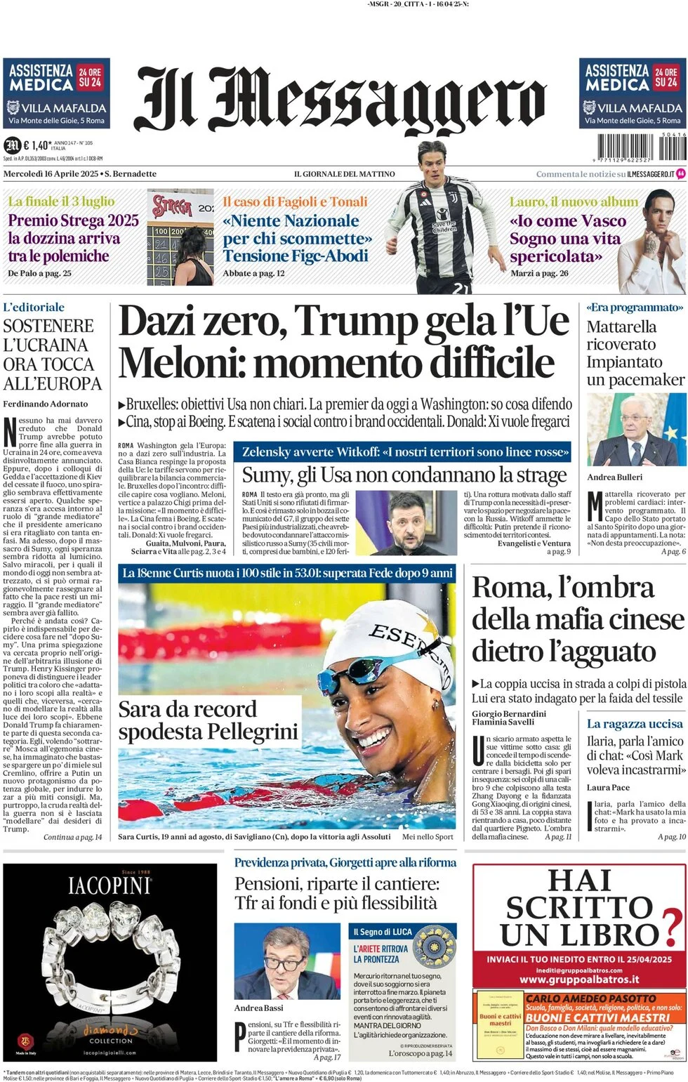 anteprima della prima pagina di il-messaggero del 16/04/2025