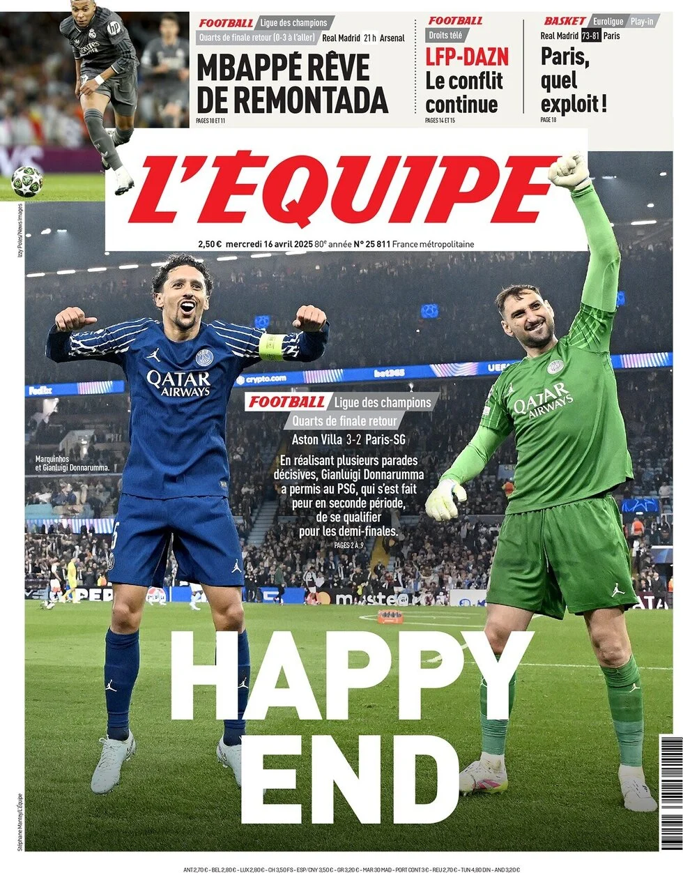 anteprima della prima pagina di lequipe del 16/04/2025