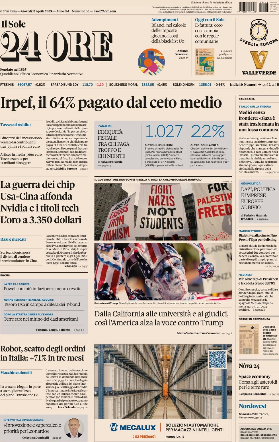 anteprima della prima pagina di Il Sole 24 Ore