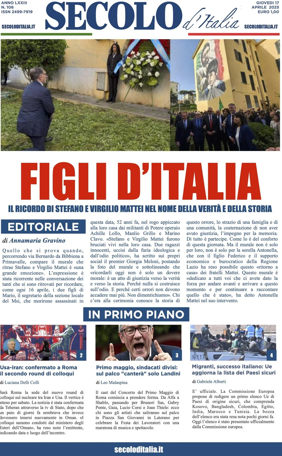 anteprima della prima pagina di Secolo d'Italia