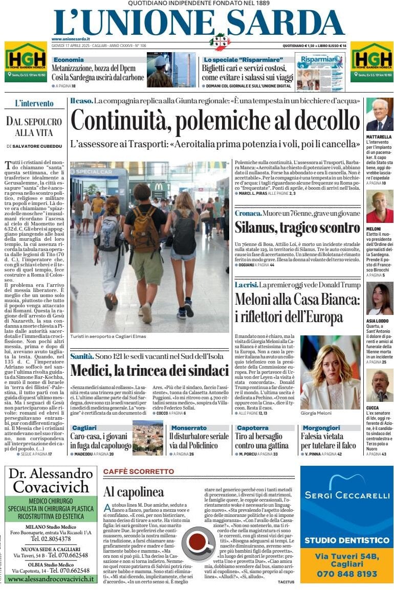 anteprima della prima pagina di L'Unione Sarda