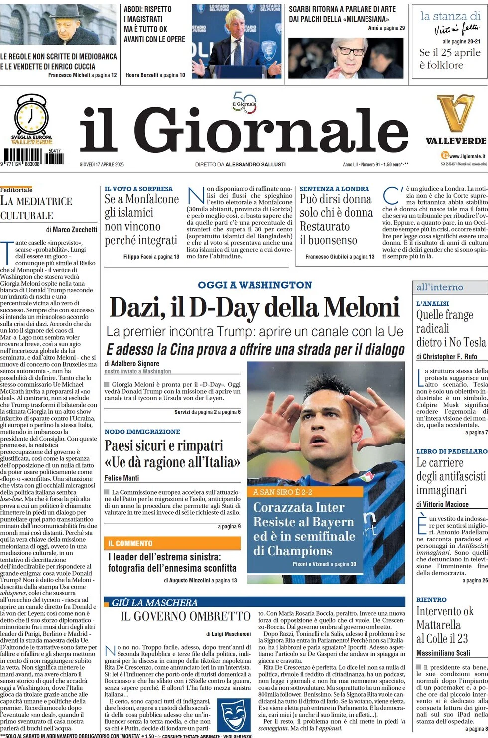 Anteprima prima pagina della rasegna stampa di ieri 2025-04-17 - il-giornale/