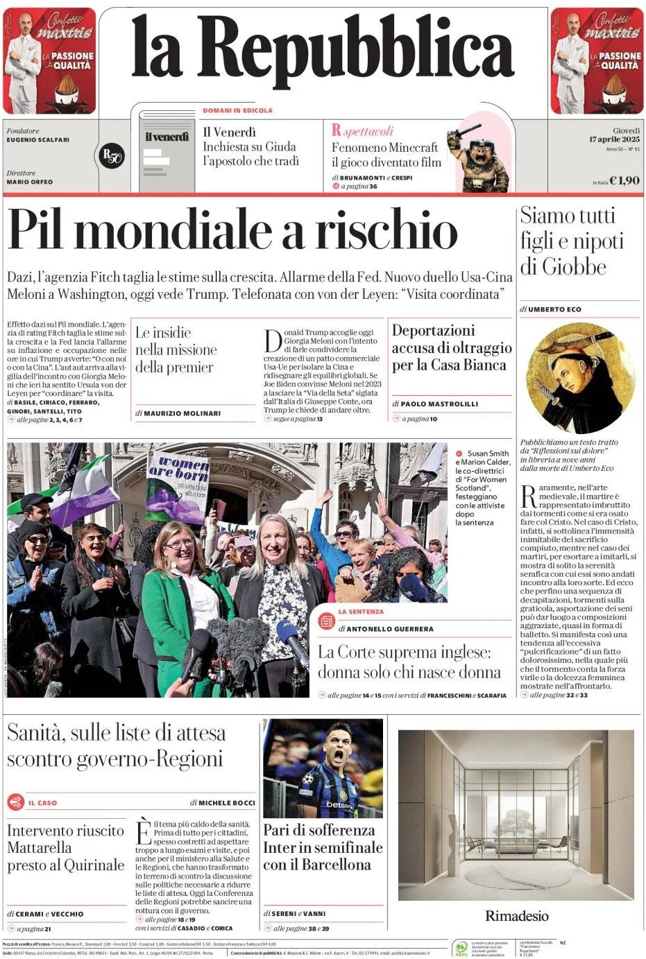 anteprima della prima pagina di La Repubblica