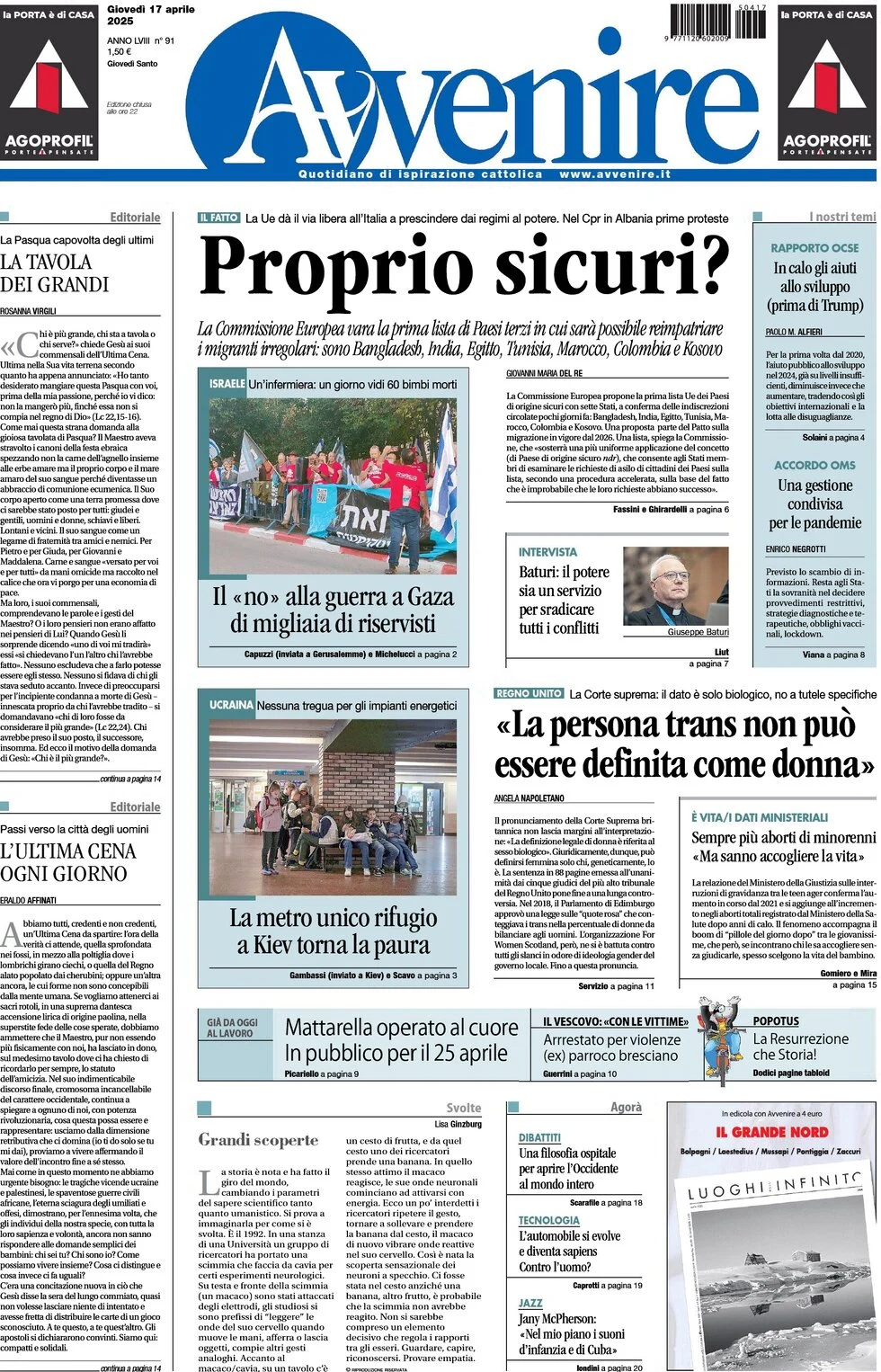 anteprima della prima pagina di Avvenire
