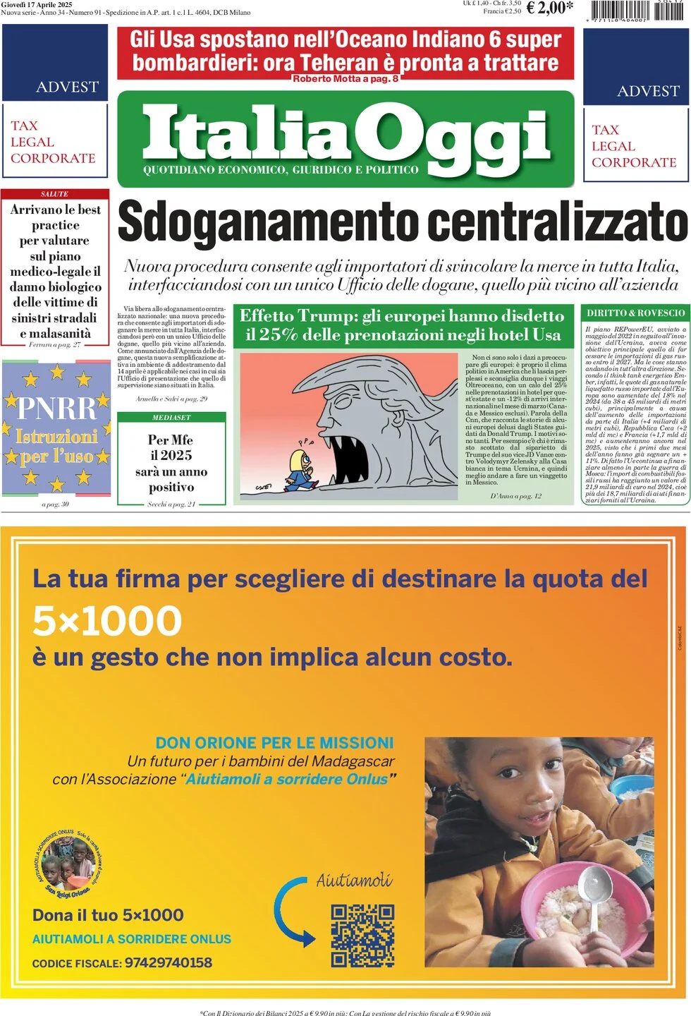anteprima della prima pagina di ItaliaOggi