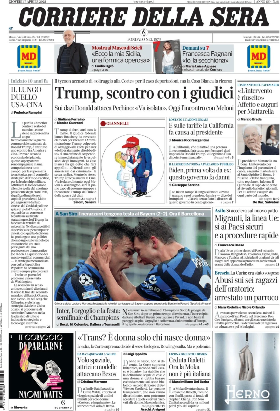 anteprima della prima pagina di Corriere della Sera
