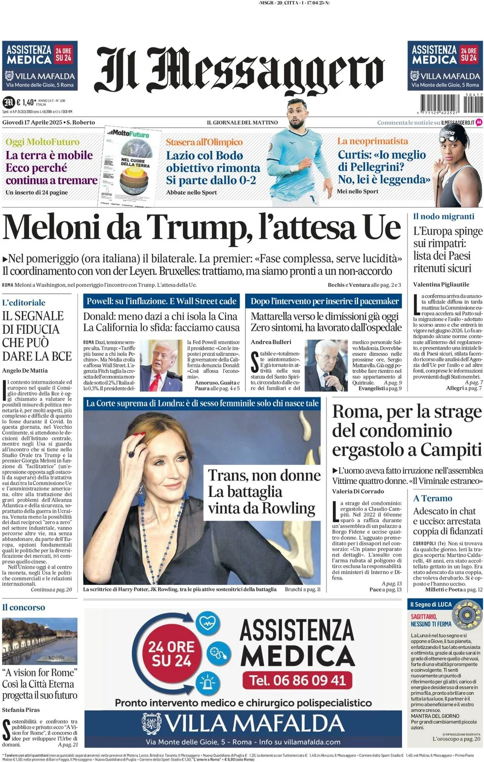 anteprima della prima pagina di Il Messaggero