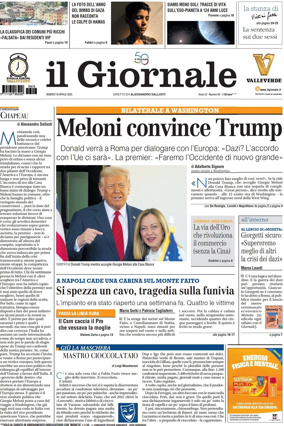 prima pagina - Il Giornale del 18/04/2025