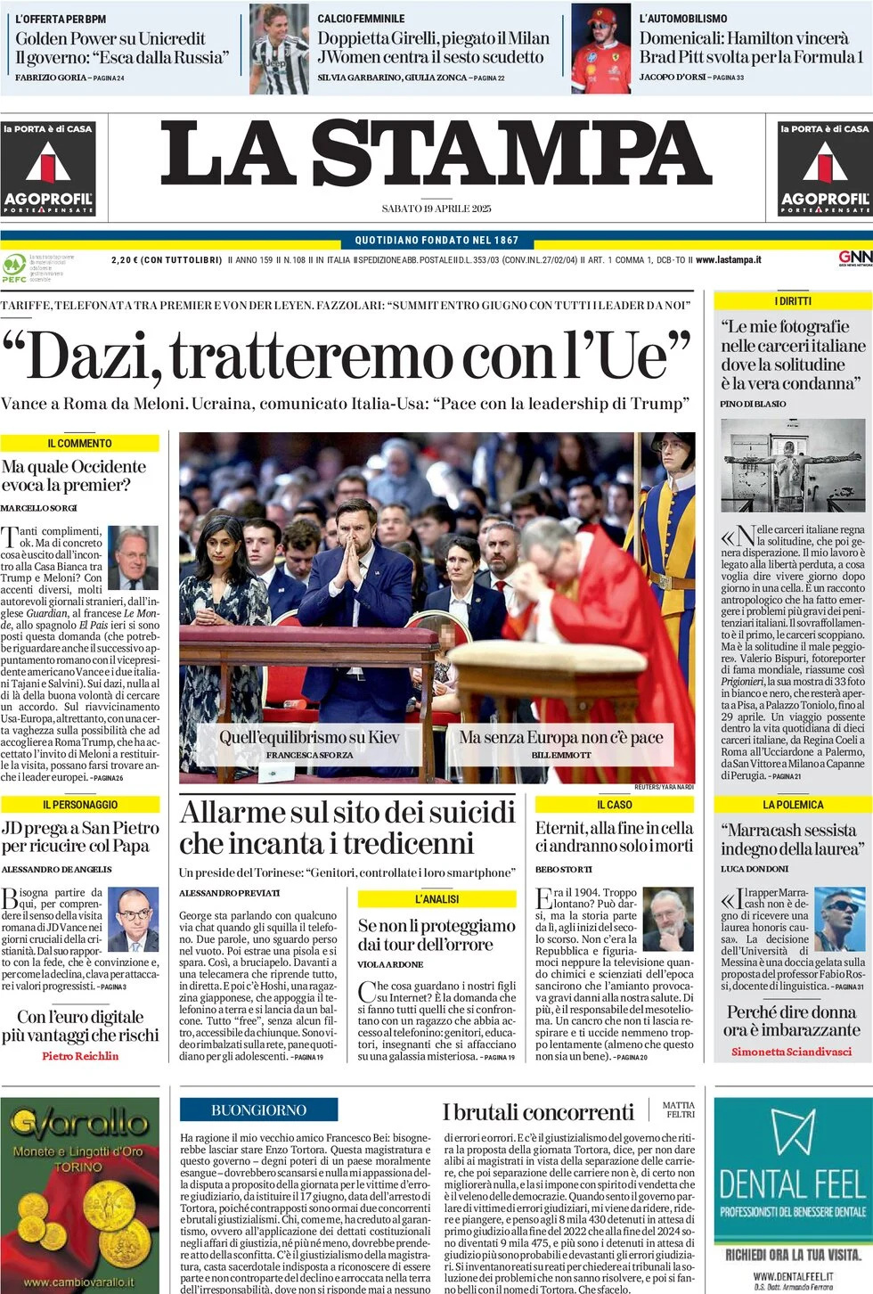 anteprima della prima pagina di la-stampa del 19/04/2025