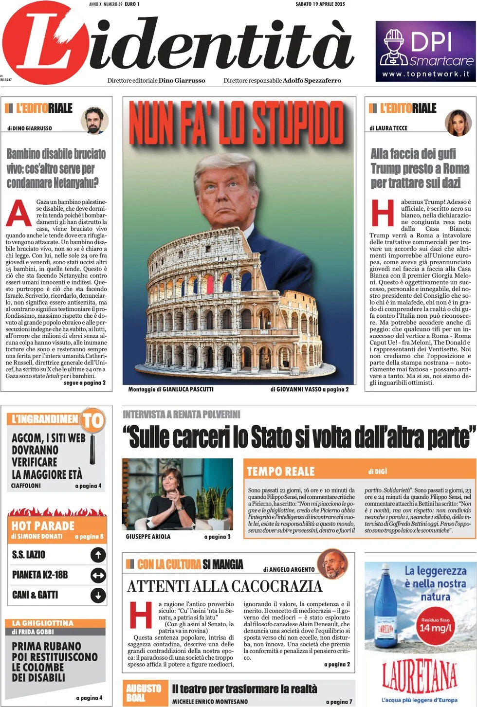 anteprima della prima pagina di lidentit del 19/04/2025