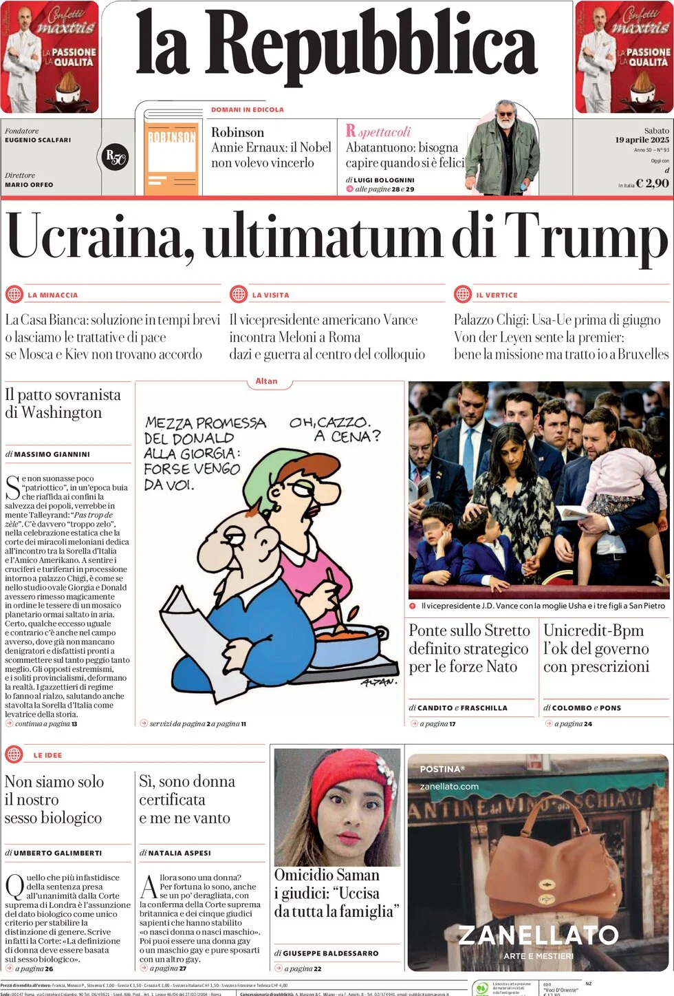 anteprima della prima pagina di la-repubblica del 19/04/2025