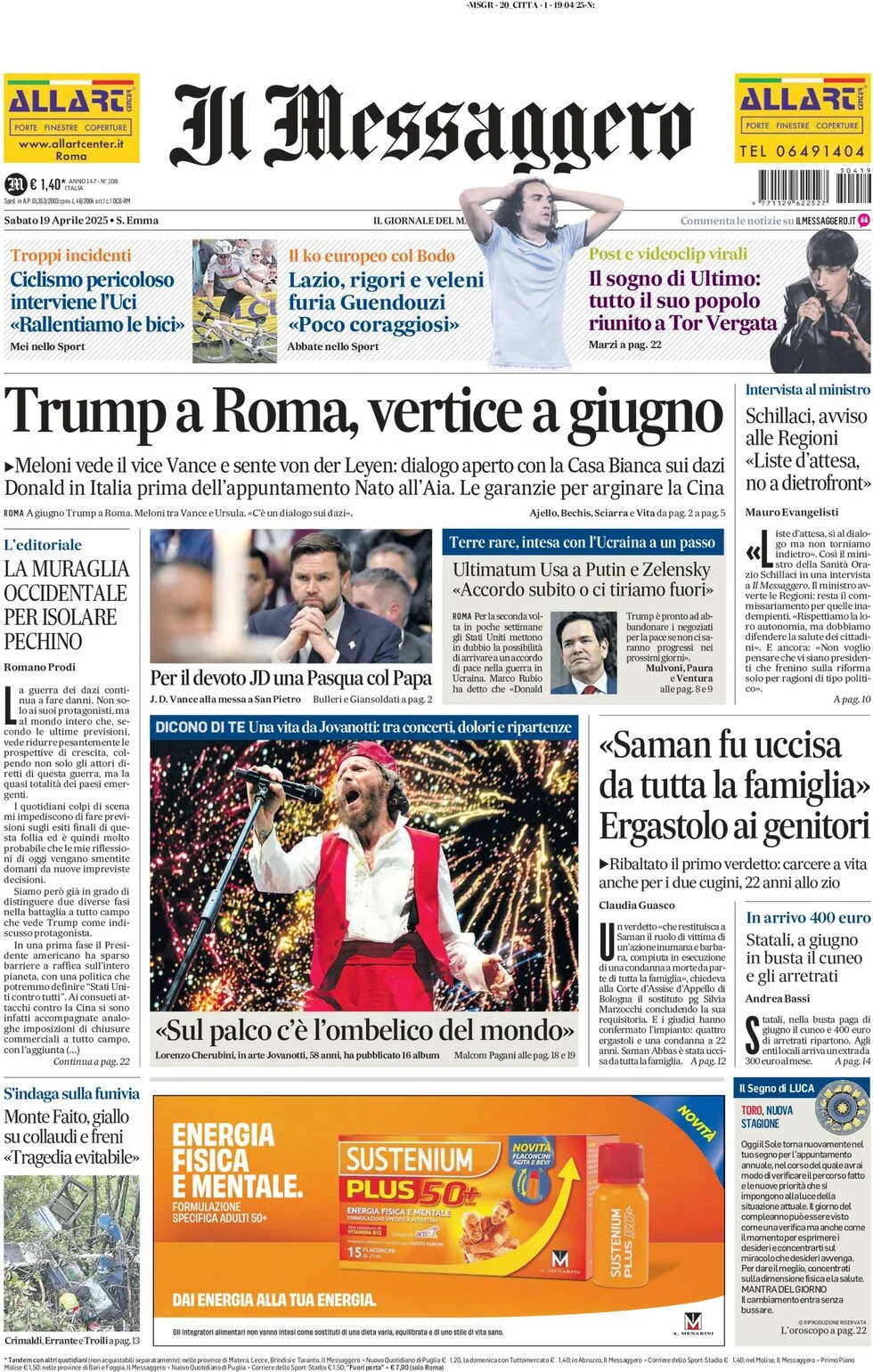 anteprima della prima pagina di il-messaggero del 19/04/2025