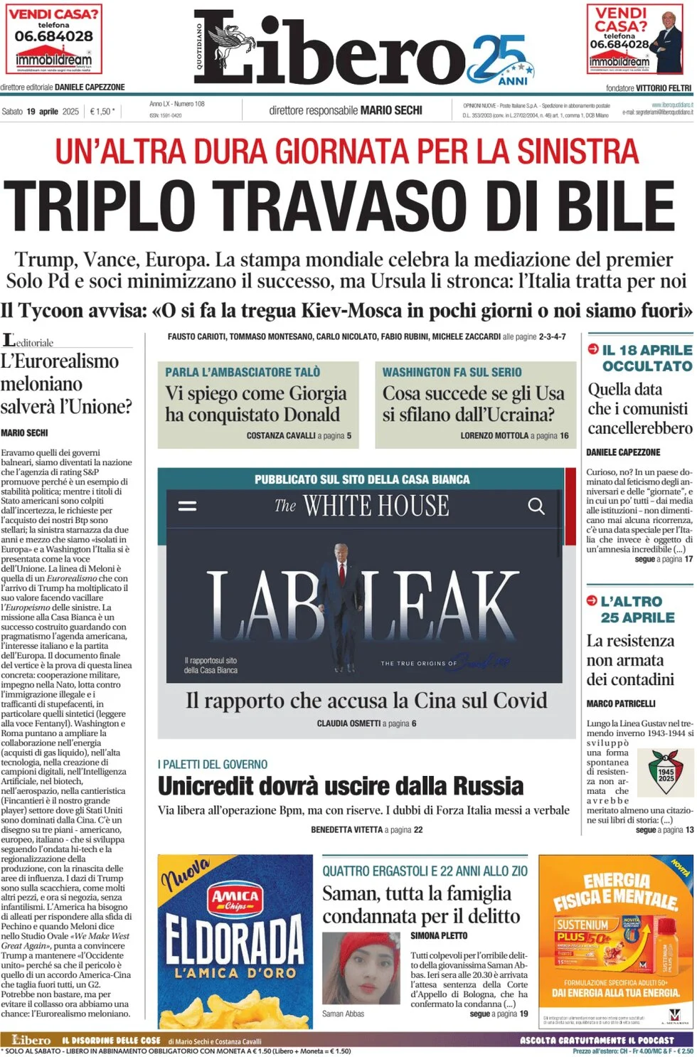 anteprima della prima pagina di libero-quotidiano del 19/04/2025
