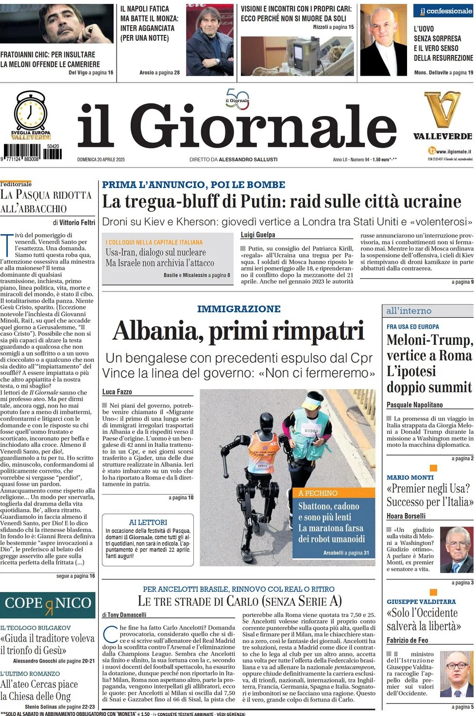 anteprima della prima pagina di il-giornale del 20/04/2025
