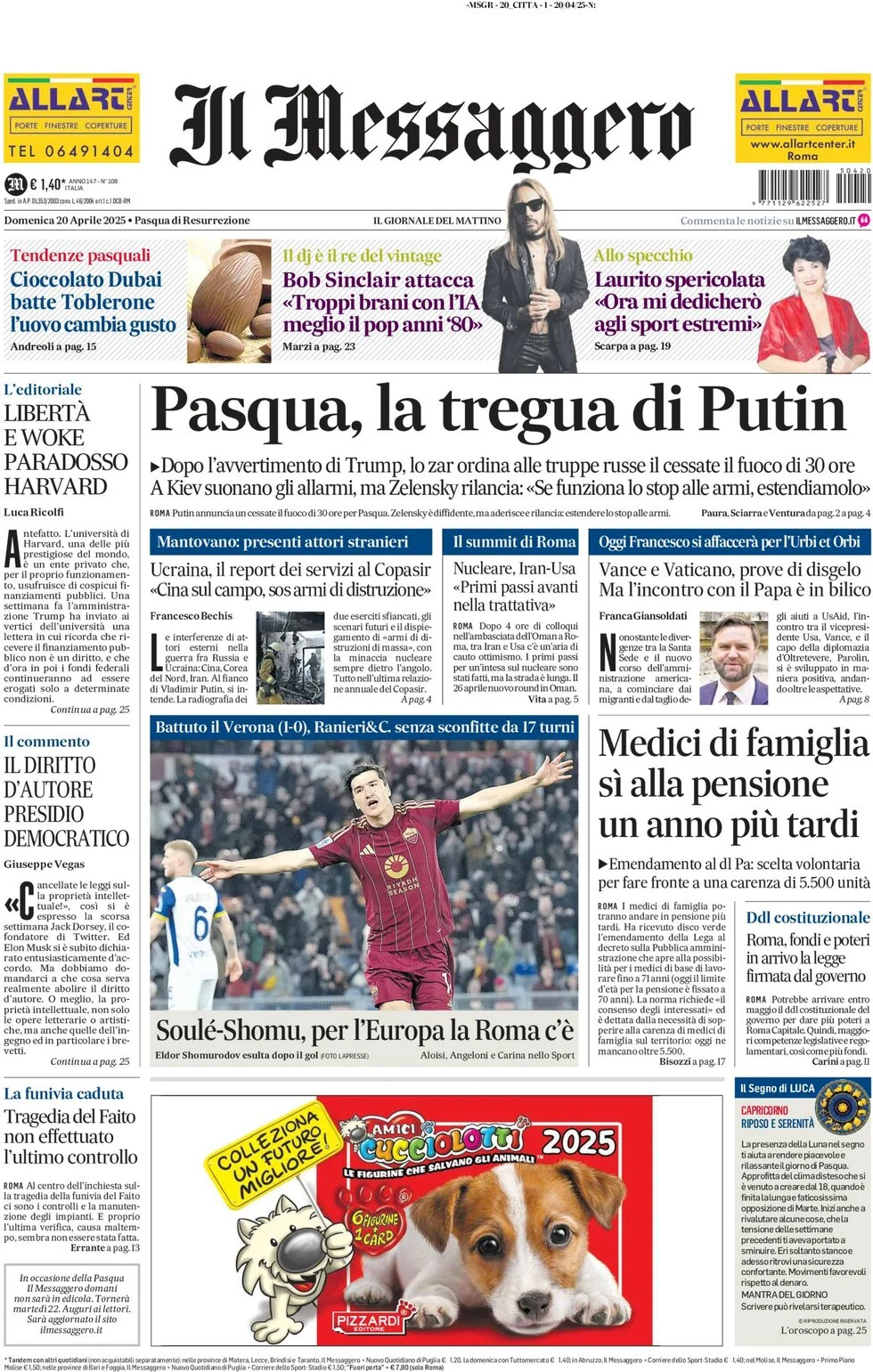 anteprima della prima pagina di il-messaggero del 20/04/2025