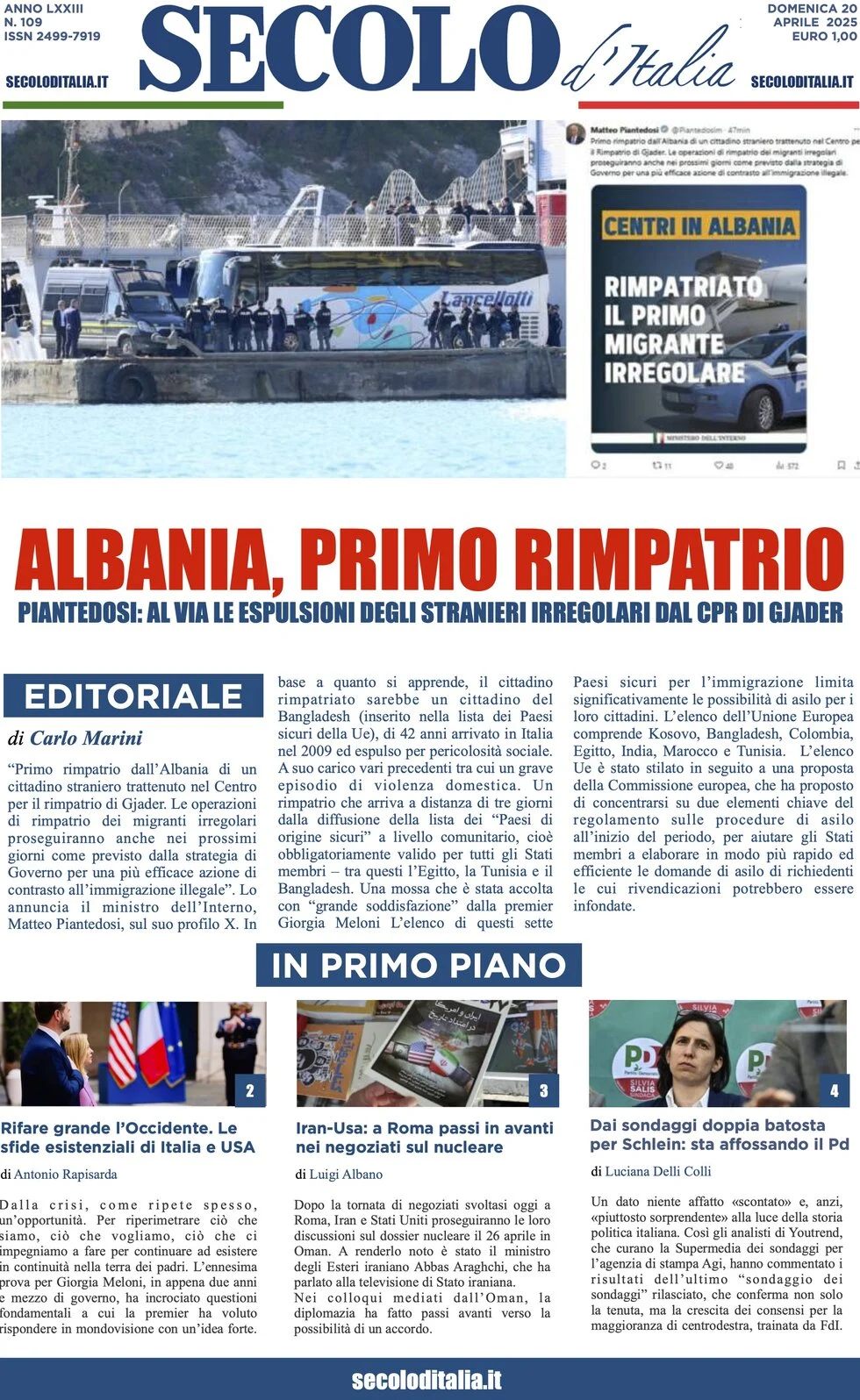 anteprima della prima pagina di secolo-ditalia del 20/04/2025