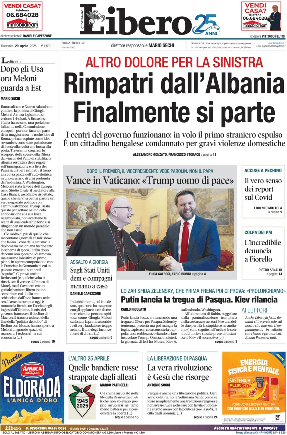 anteprima della prima pagina di libero-quotidiano del 20/04/2025