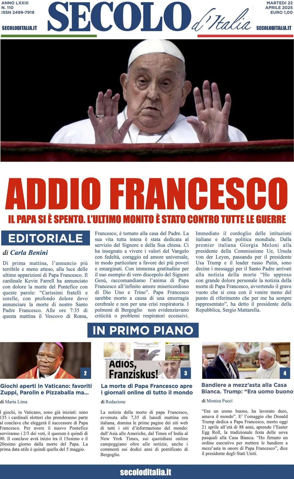 anteprima della prima pagina di secolo-ditalia del 22/04/2025