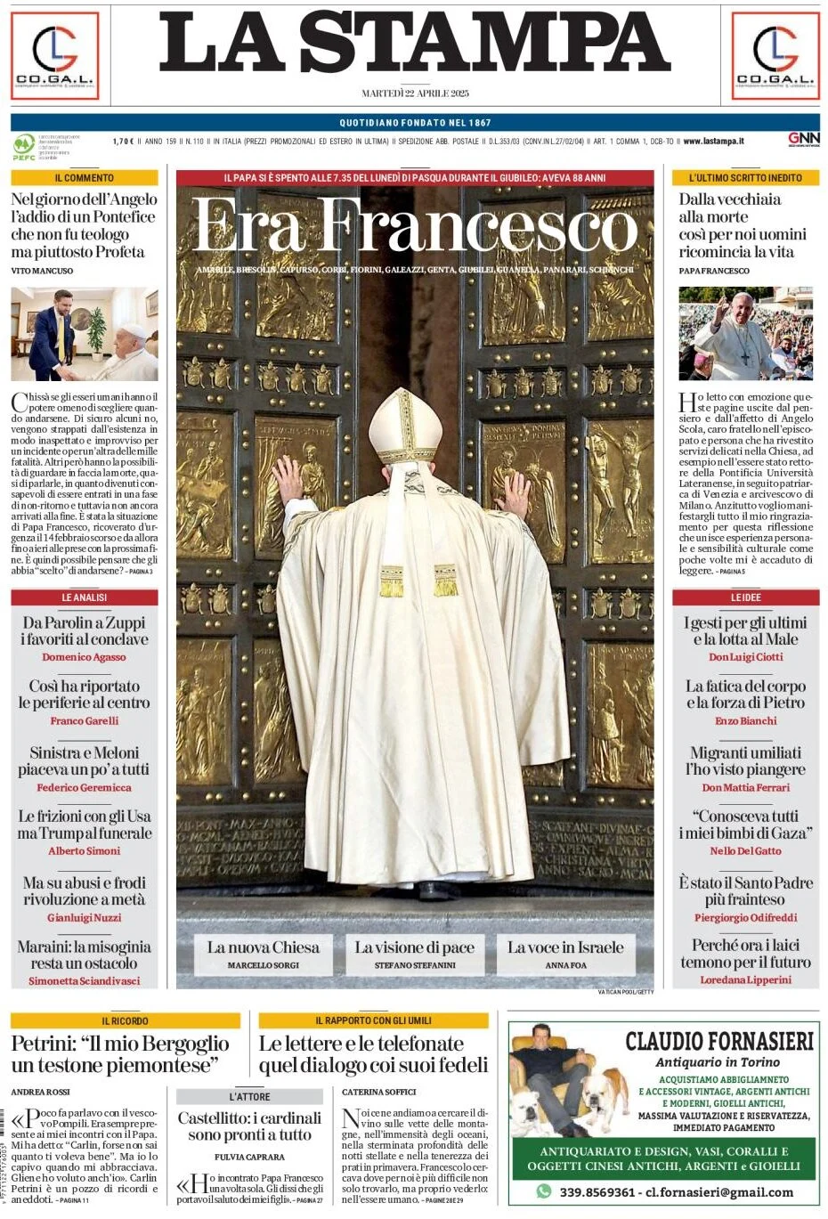 anteprima della prima pagina di la-stampa del 22/04/2025