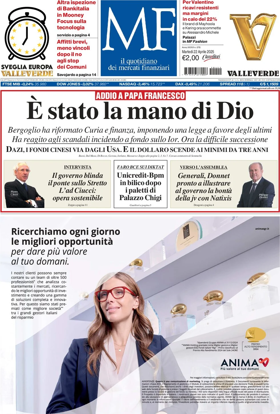 anteprima della prima pagina di mf-milano-finanza del 22/04/2025