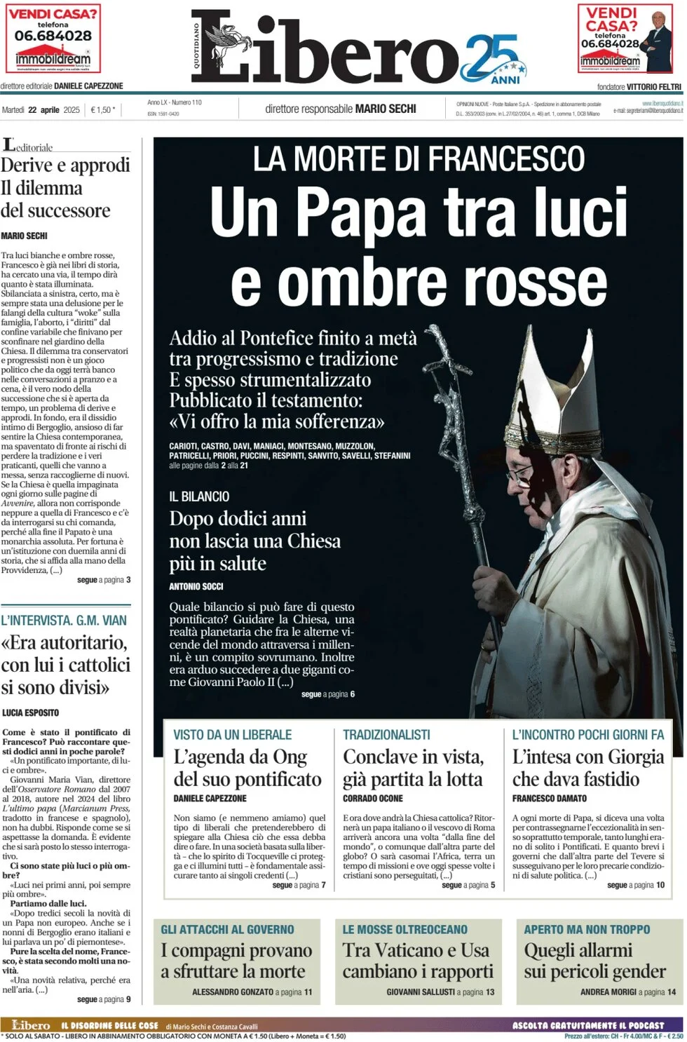 anteprima della prima pagina di libero-quotidiano del 22/04/2025