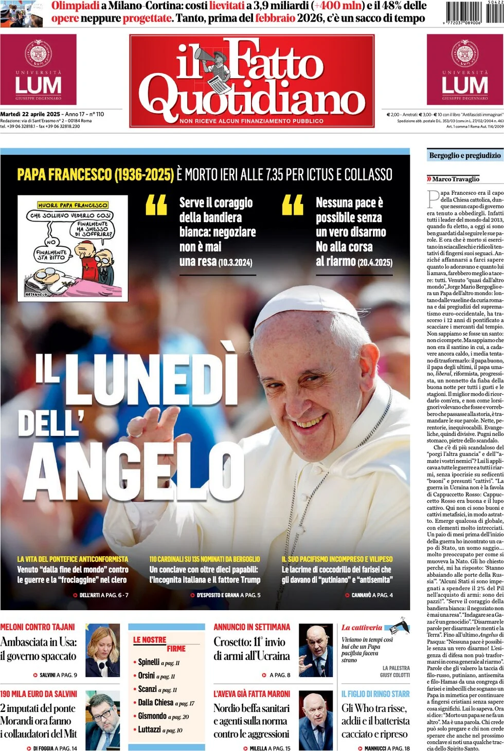 anteprima della prima pagina di il-fatto-quotidiano del 22/04/2025
