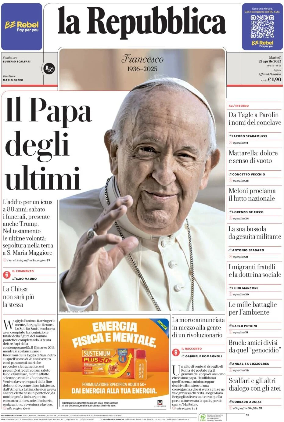 anteprima della prima pagina di la-repubblica del 22/04/2025