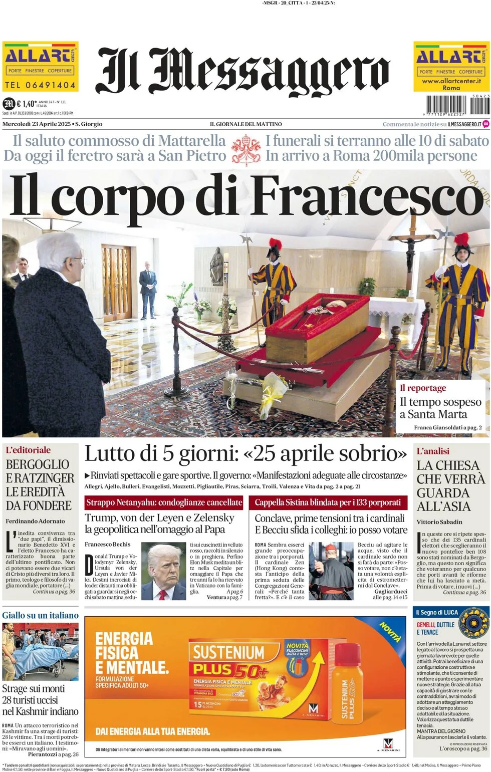 anteprima della prima pagina di il-messaggero del 23/04/2025