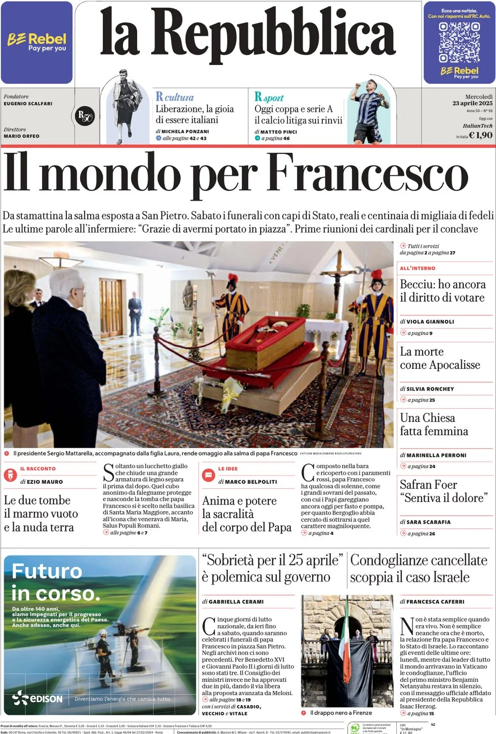 anteprima della prima pagina di la-repubblica del 23/04/2025