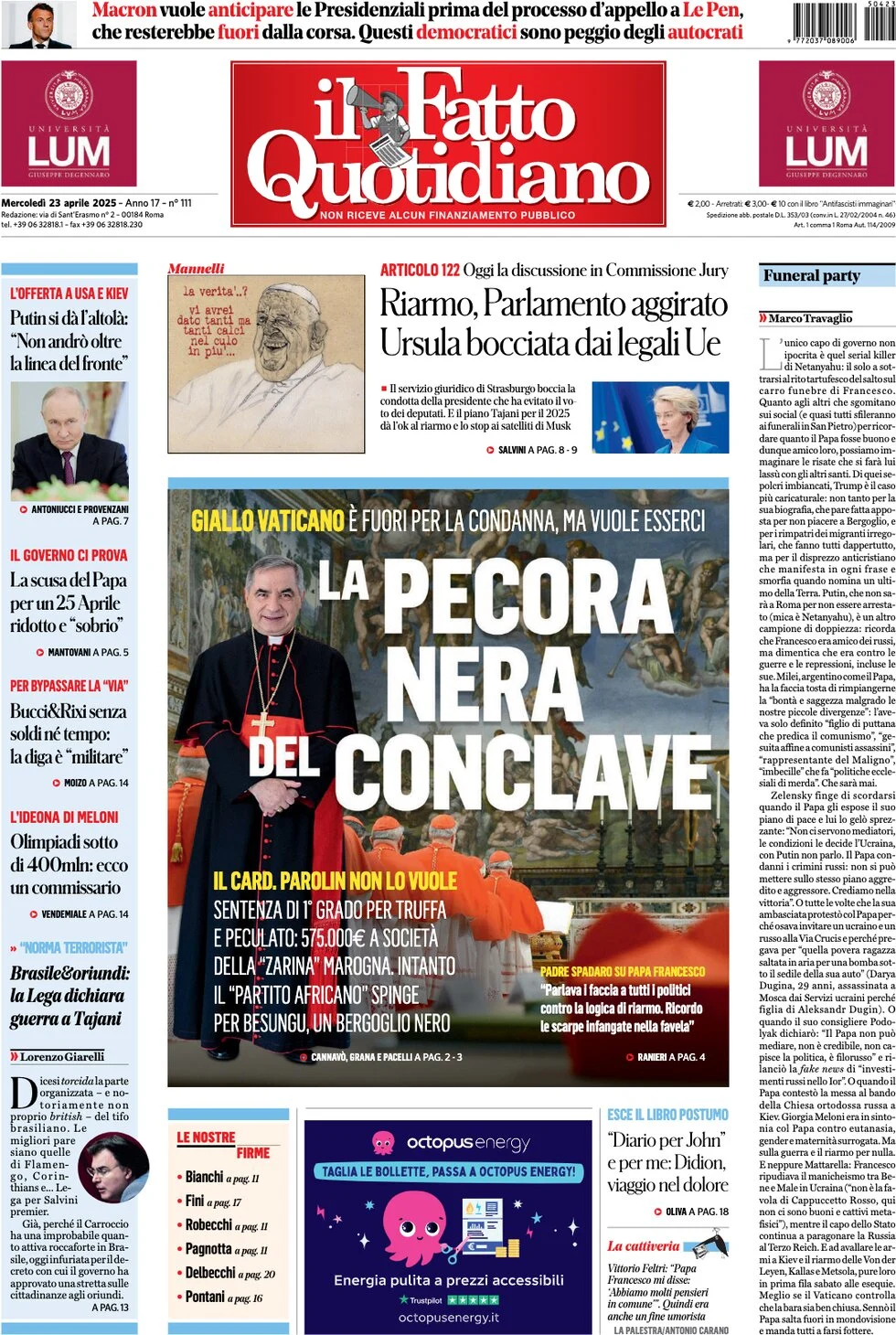 anteprima della prima pagina di il-fatto-quotidiano del 23/04/2025