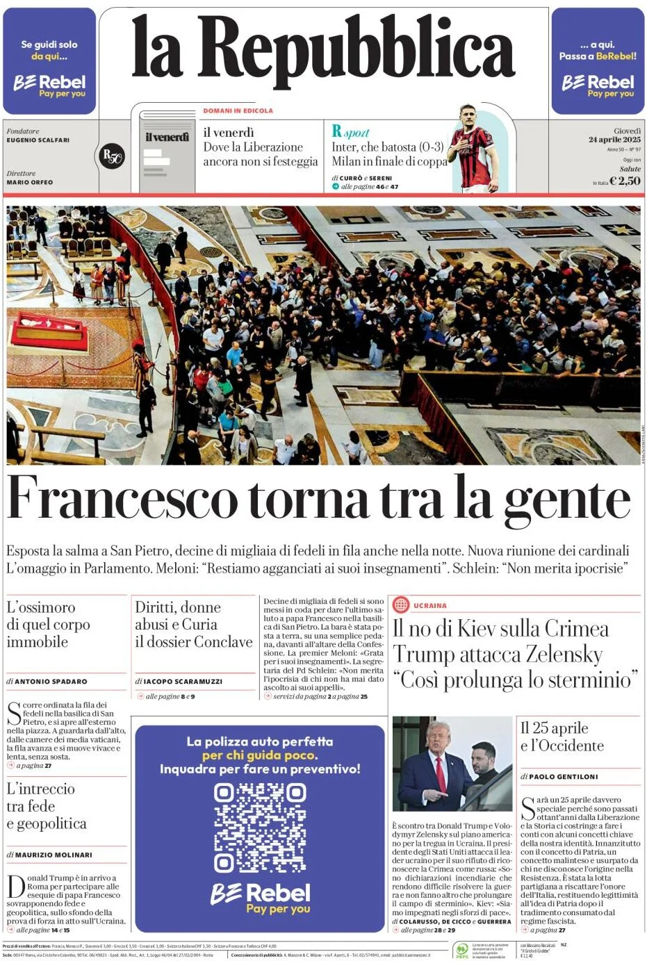 anteprima della prima pagina di la-repubblica del 24/04/2025