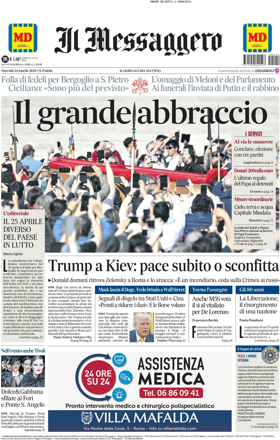 anteprima della prima pagina di il-messaggero del 24/04/2025