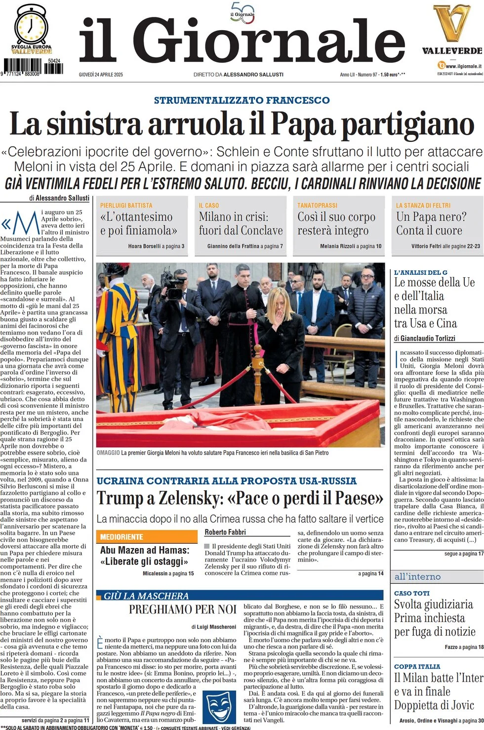 anteprima della prima pagina di il-giornale del 24/04/2025