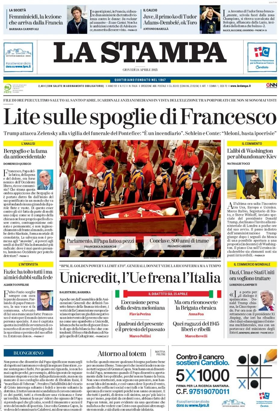 anteprima della prima pagina di la-stampa del 24/04/2025