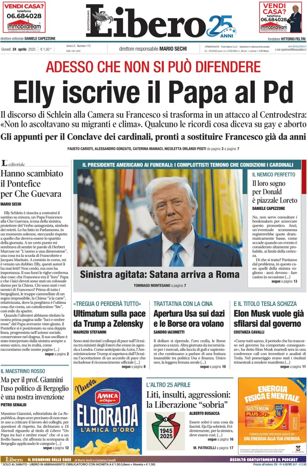 anteprima della prima pagina di libero-quotidiano del 24/04/2025