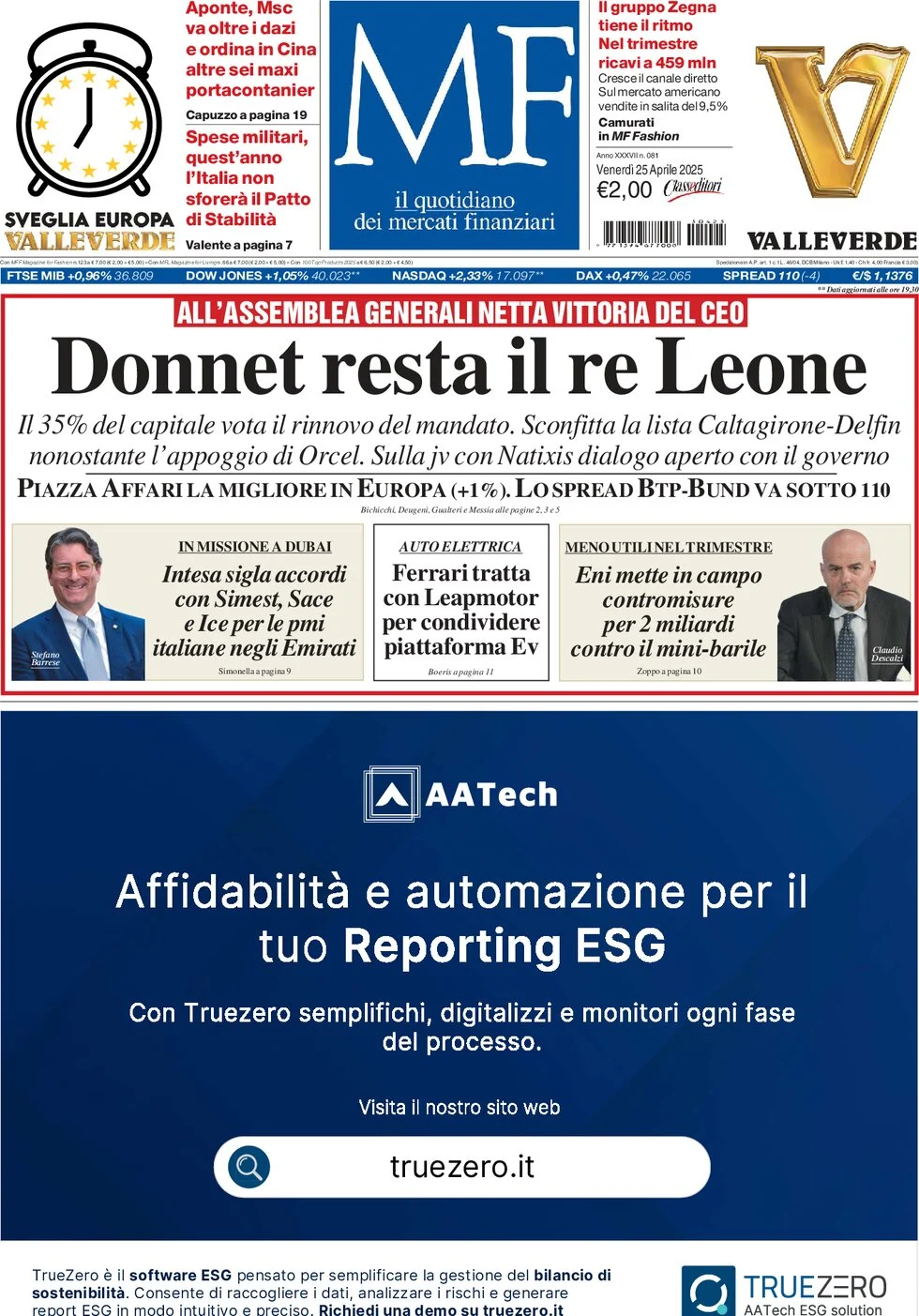 anteprima della prima pagina di mf-milano-finanza del 25/04/2025