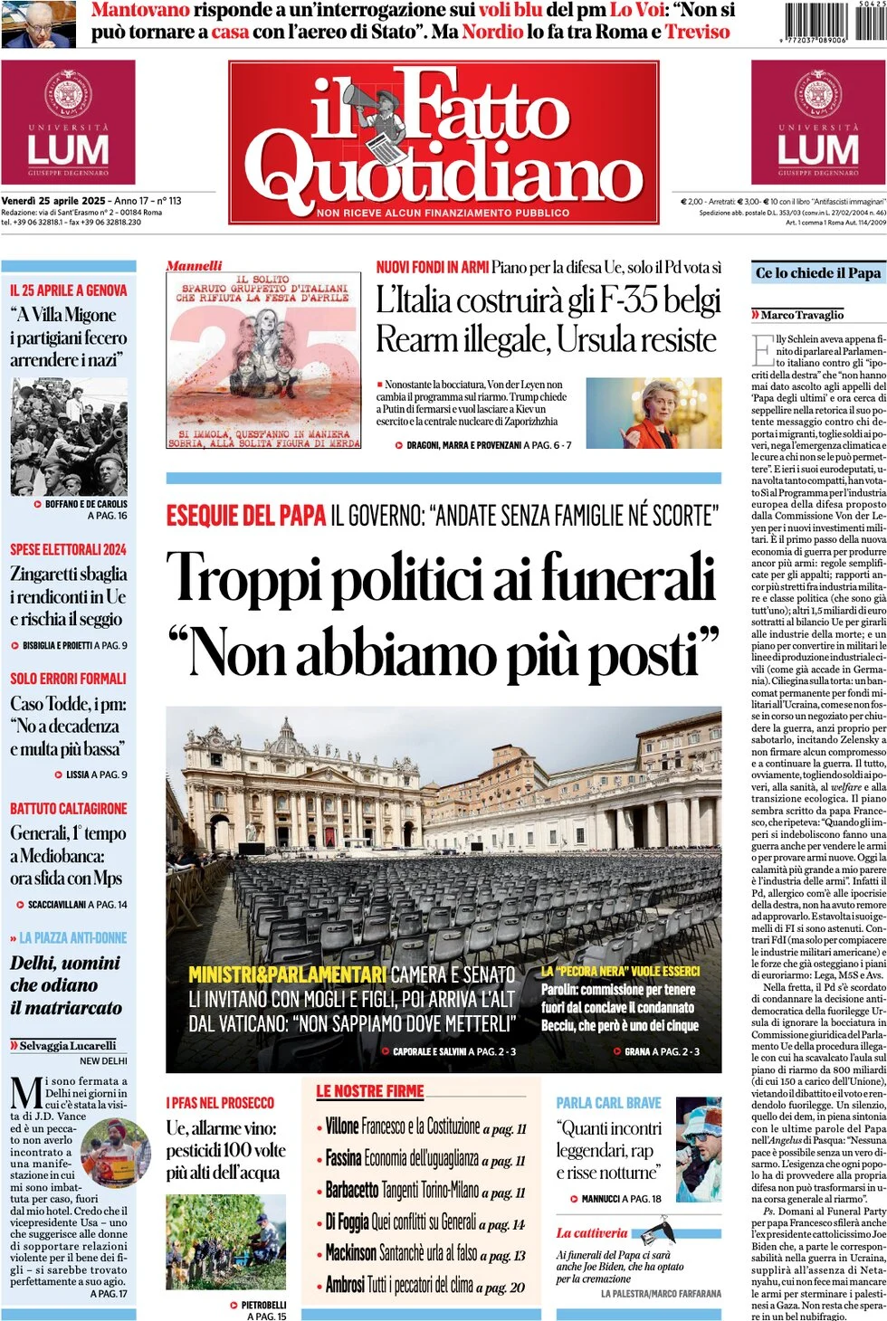 anteprima della prima pagina di il-fatto-quotidiano del 25/04/2025