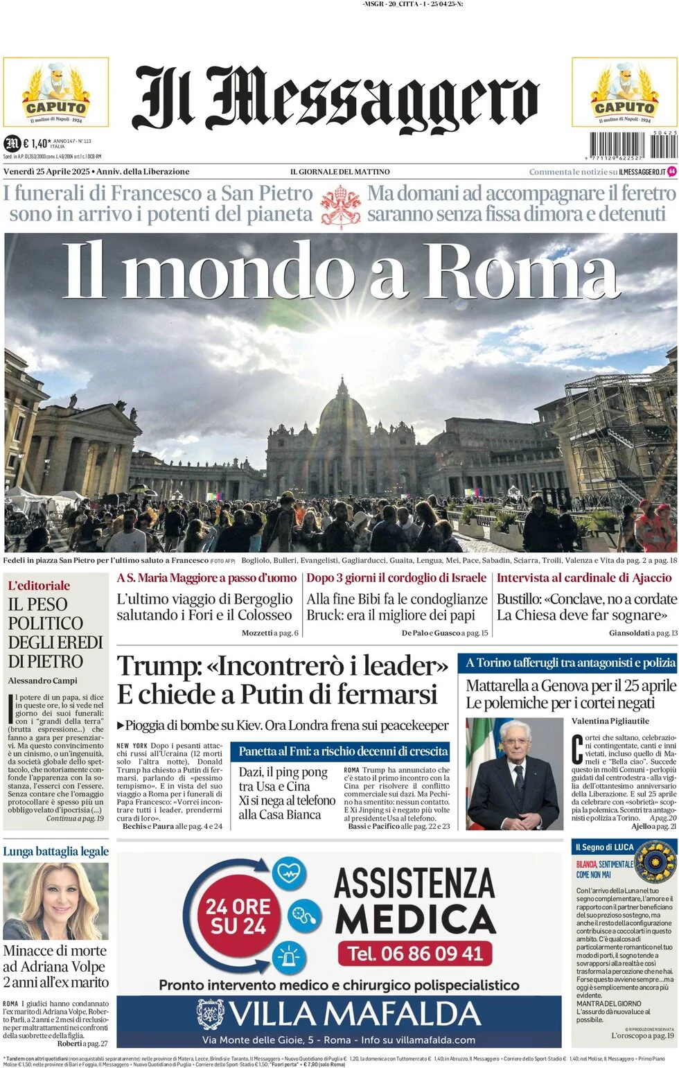 anteprima della prima pagina di il-messaggero del 25/04/2025