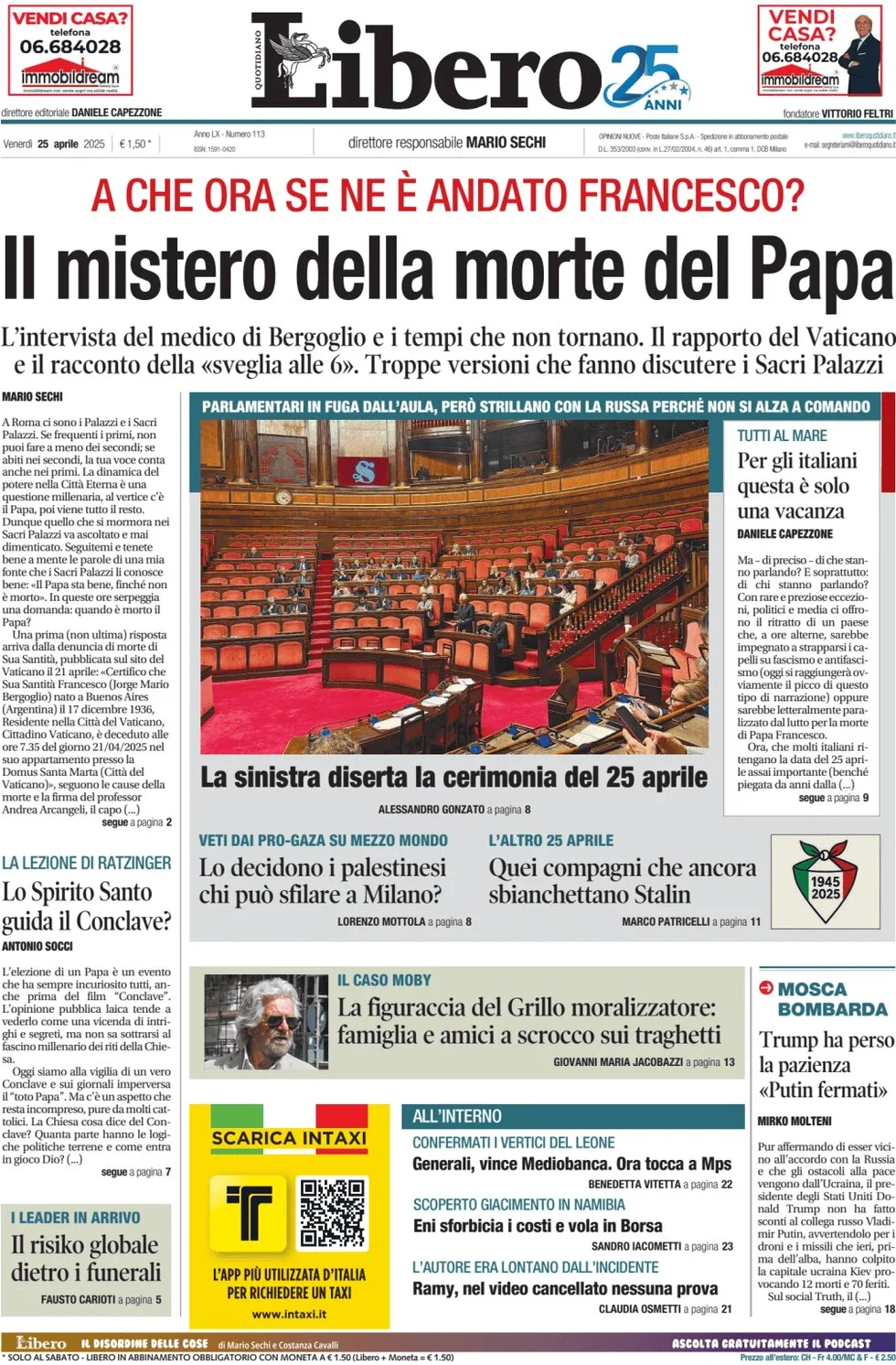 anteprima della prima pagina di libero-quotidiano del 25/04/2025