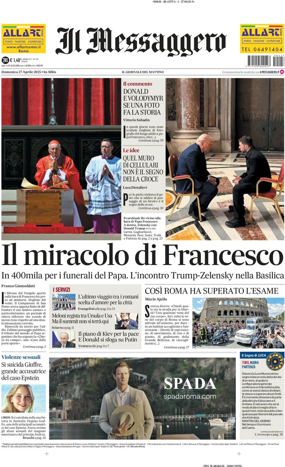 anteprima della prima pagina di il-messaggero del 27/04/2025
